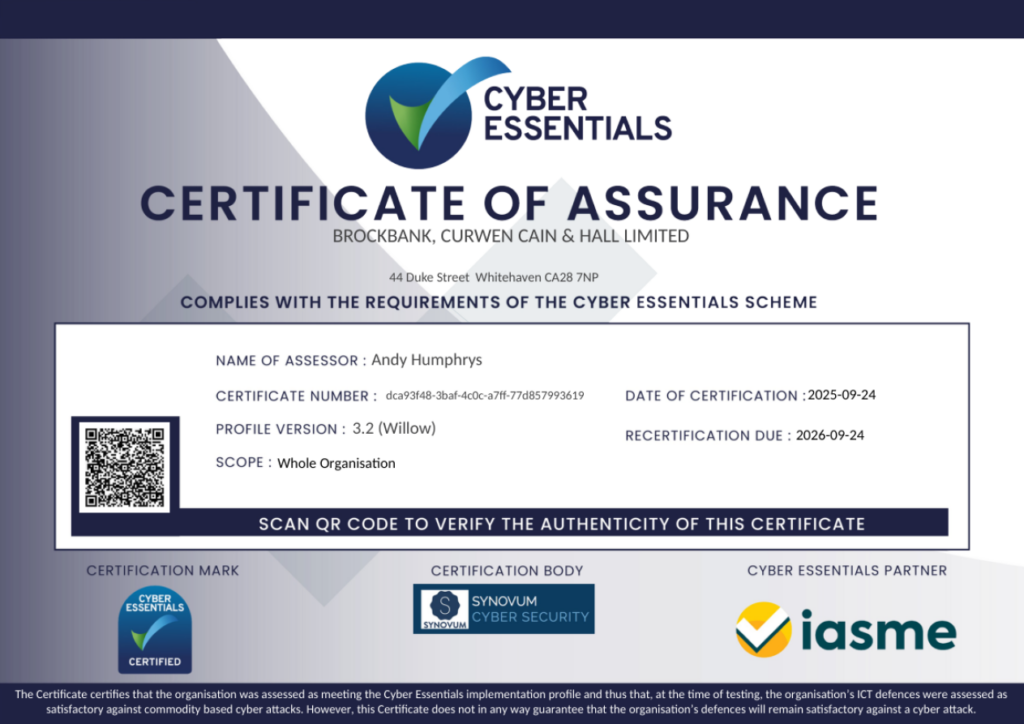 Cyber Essentials Certificate of Assurance issued to Brockbank, Curwen Cain & Hall Limited