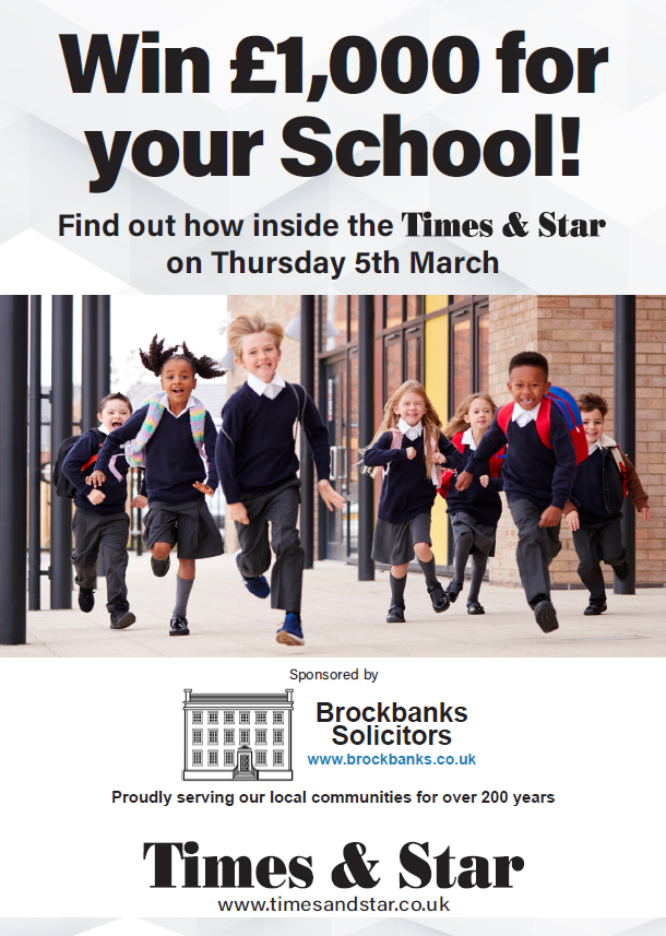 Times & Star poster — Win £1,000 for your school, sponsored by Brockbanks Solicitors, showing schoolchildren running
