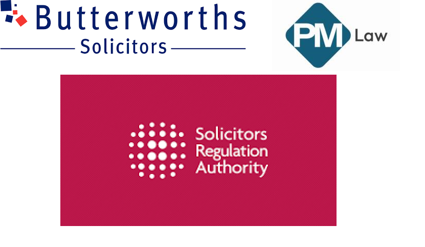 Butterworths Solicitors and PM Law logos alongside the Solicitors Regulation Authority logo